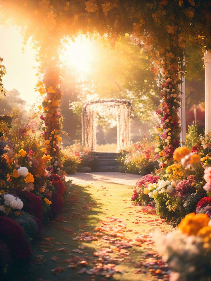 Beautiful autumn archway decorated with floral composition outdoors using ai generative photo