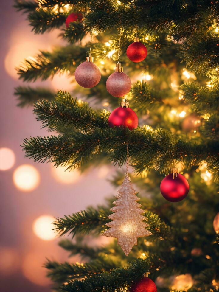 Navidad árbol decorado con brillante rojo pelotas cerca arriba ai generativo foto