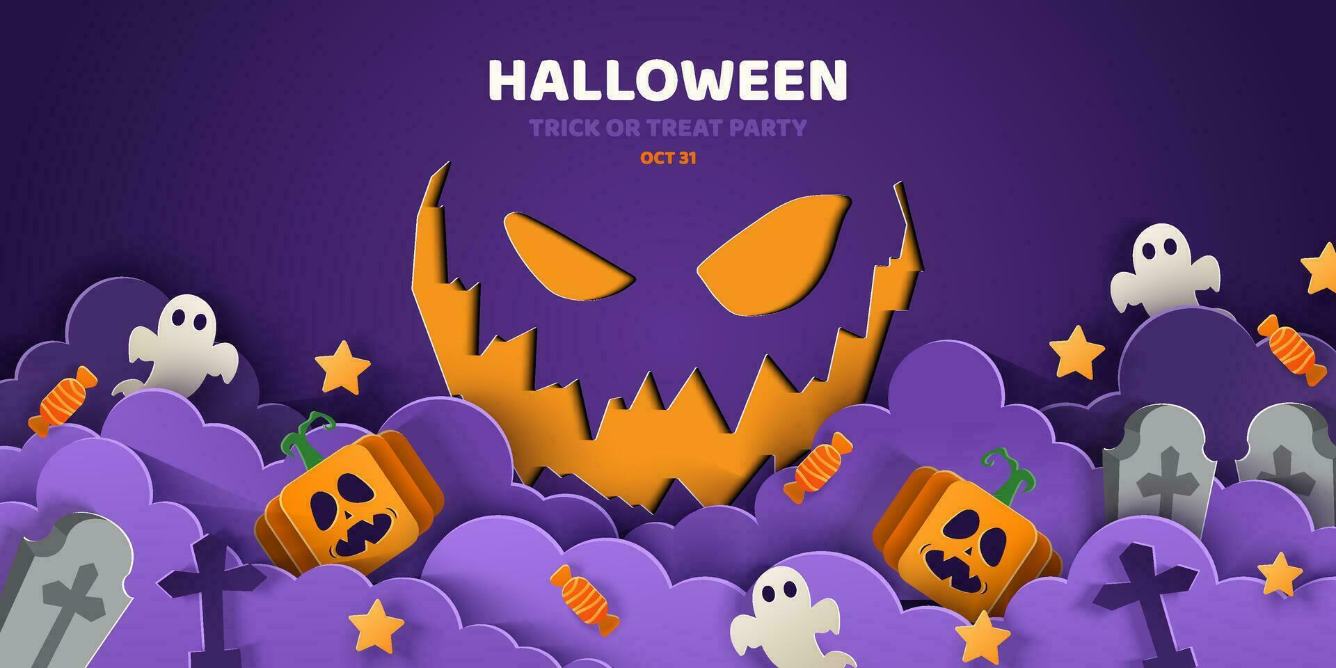 Happy Halloween banner or party invitation background in paper cut style. vector