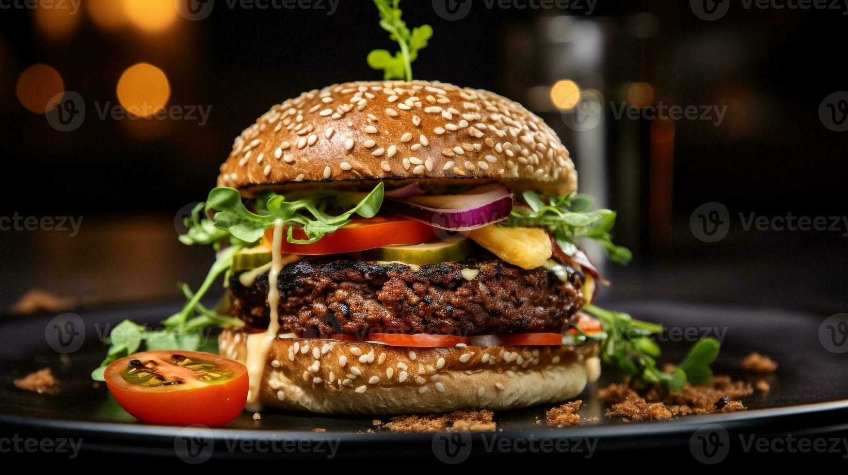Photo of Vegan Burger as a dish in a high-end restaurant. Generative AI