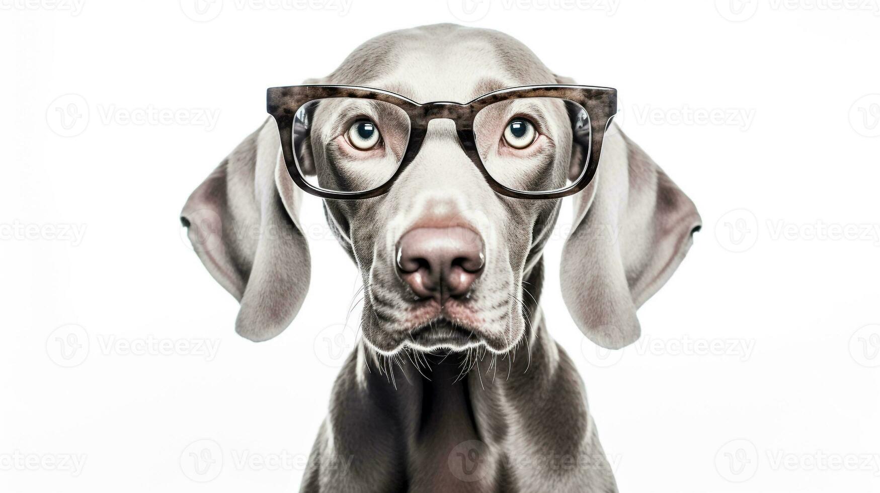 Photo of a Weimaraner dog using eyeglasses isolated on white background. Generative AI