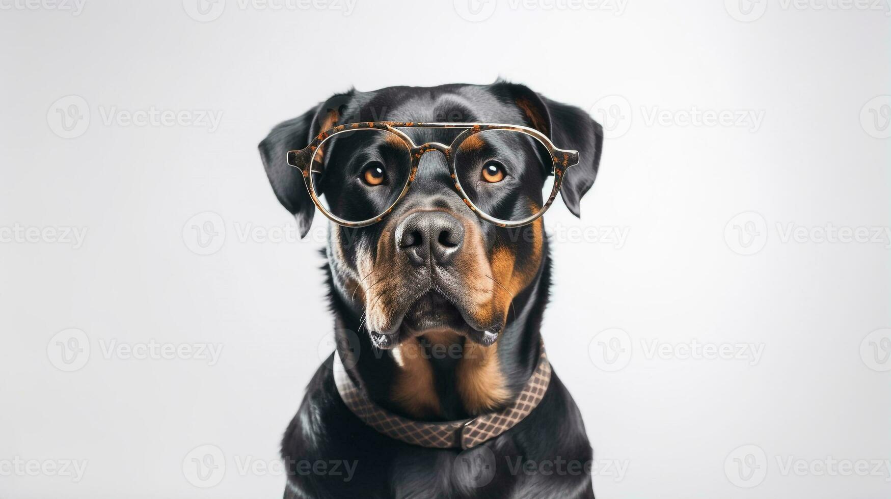 Photo of a Rottweiler dog using eyeglasses isolated on white background. Generative AI