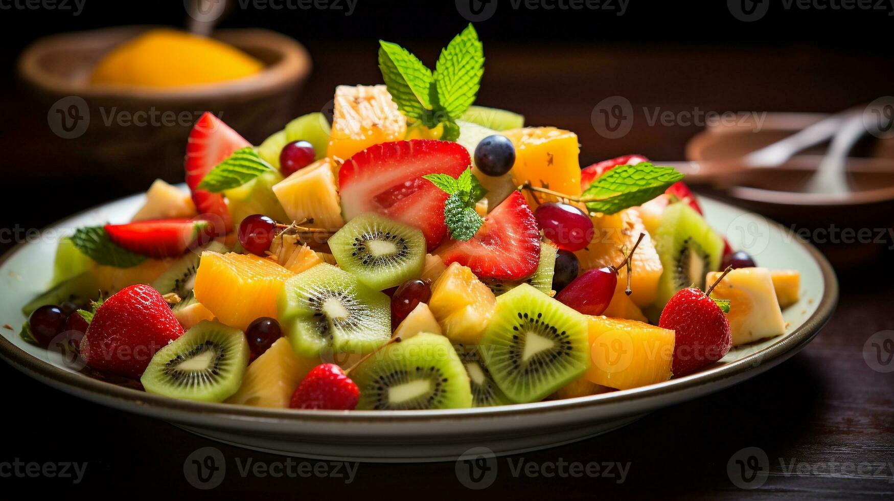 foto de tropical Fruta ensalada con miel-lima vendaje como un plato en un gama alta restaurante. generativo ai