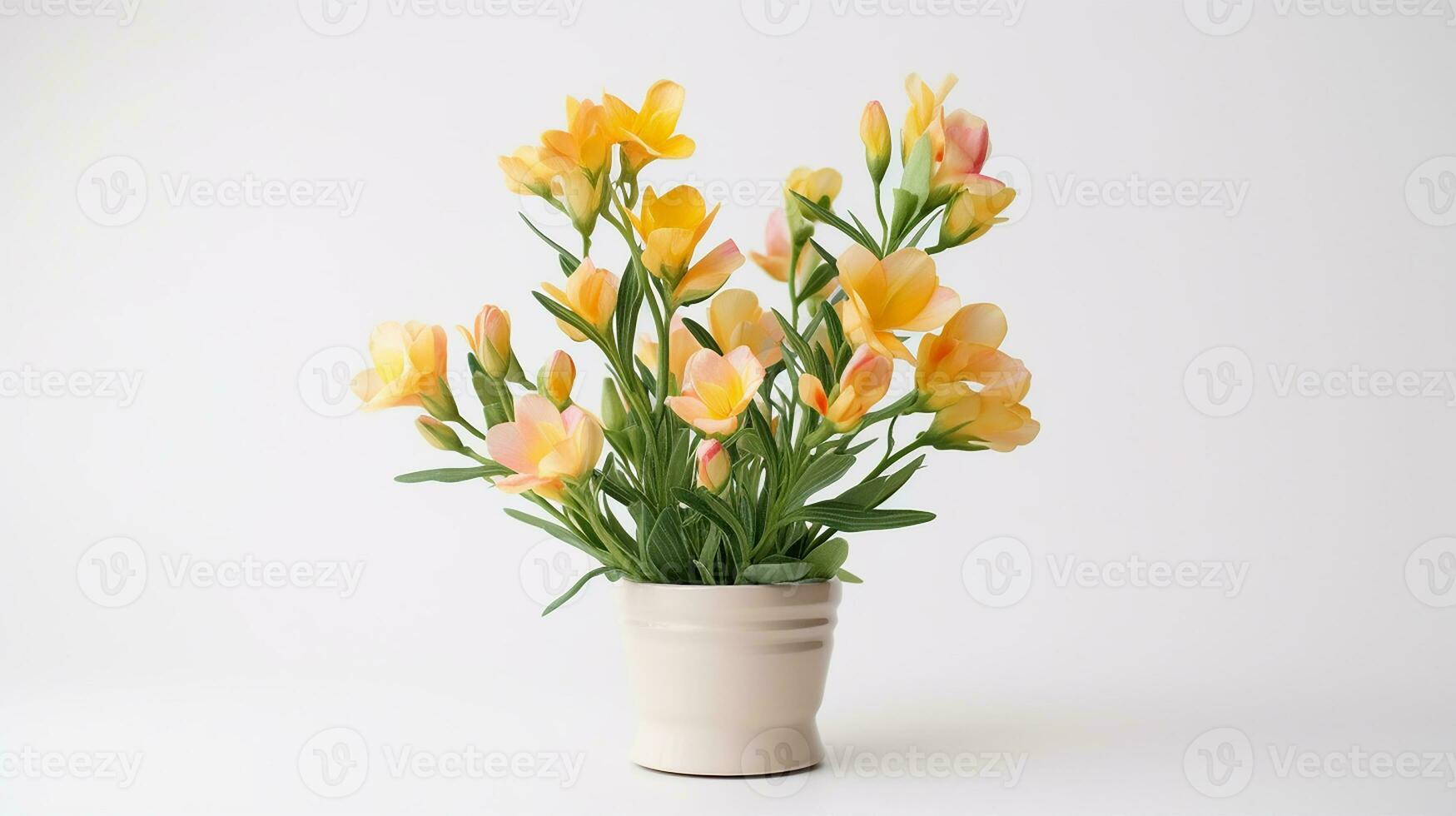 Photo of Freesia flower in pot isolated on white background. Generative AI