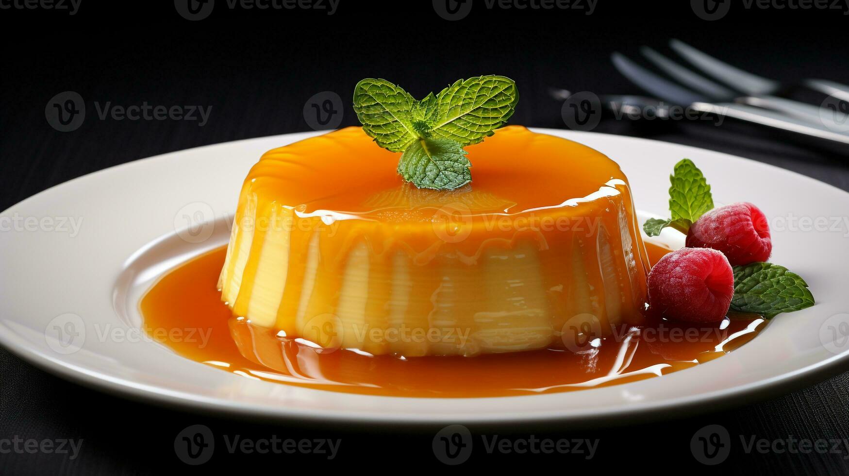 Photo of Coconut Flan as a dish in a high-end restaurant. Generative AI