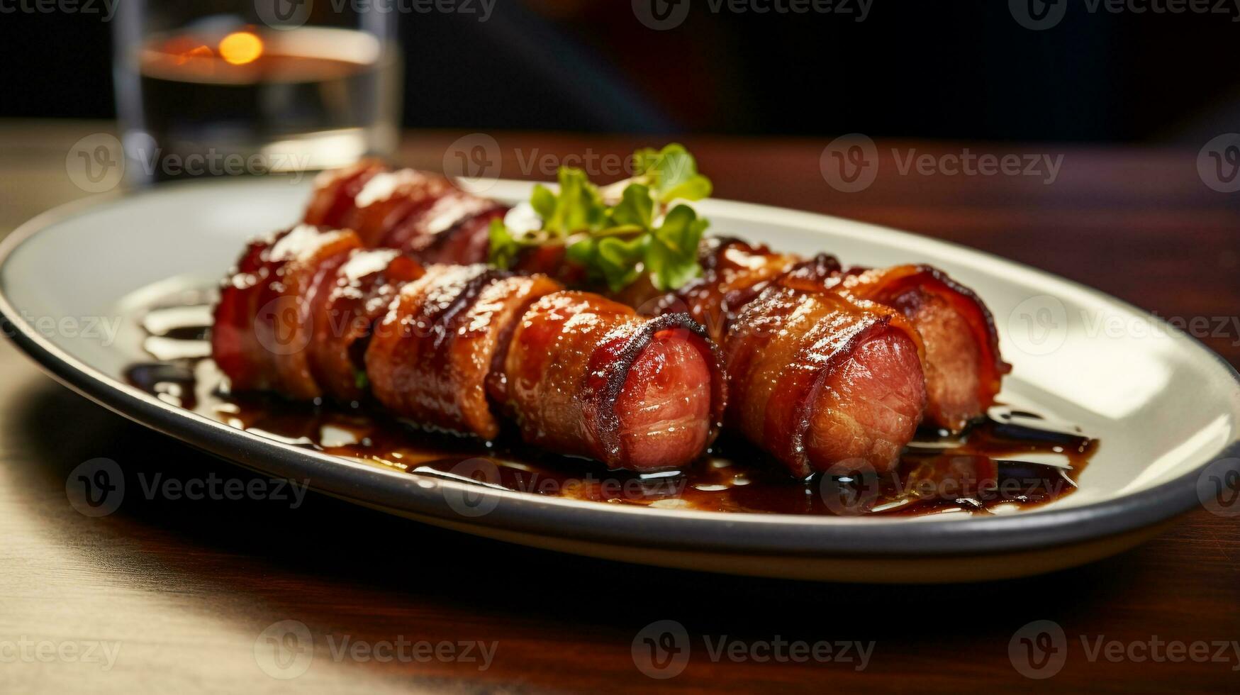 foto de envuelto en tocino fechas como un plato en un gama alta restaurante. generativo ai