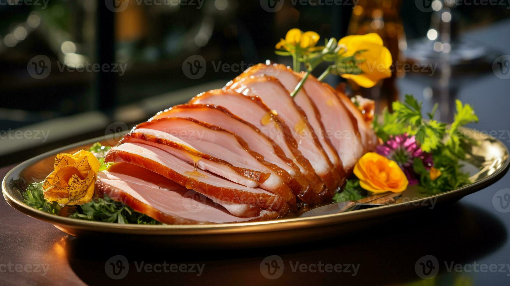 Photo of Honey Mustard Glazed Ham as a dish in a high-end restaurant. Generative AI
