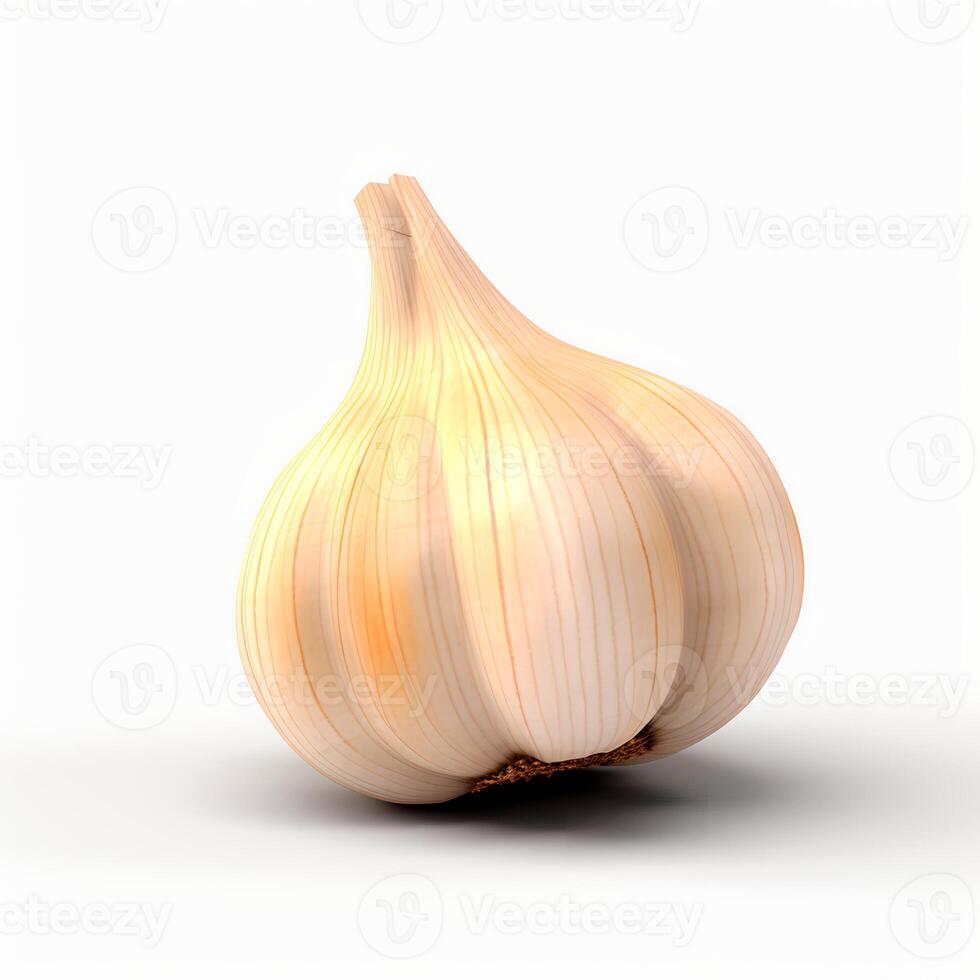 Photo of Garlic on wooden board isolated on white background.