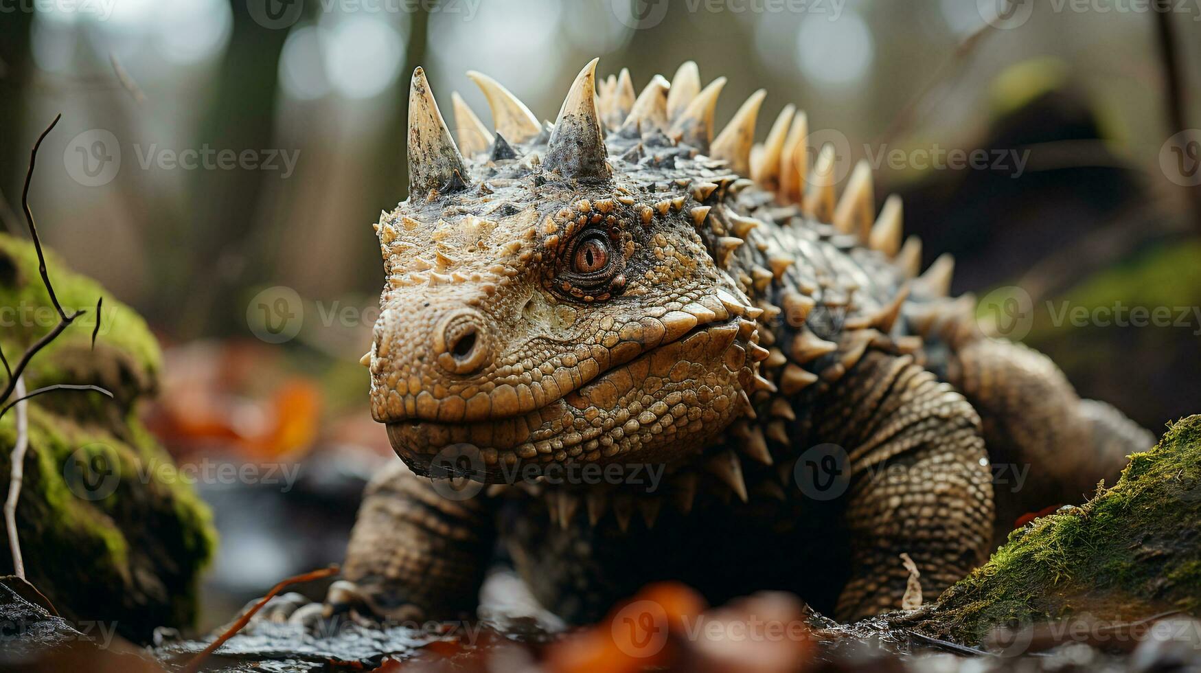 Close-up photo of a Stegosaurus looking in their habitat. Generative AI