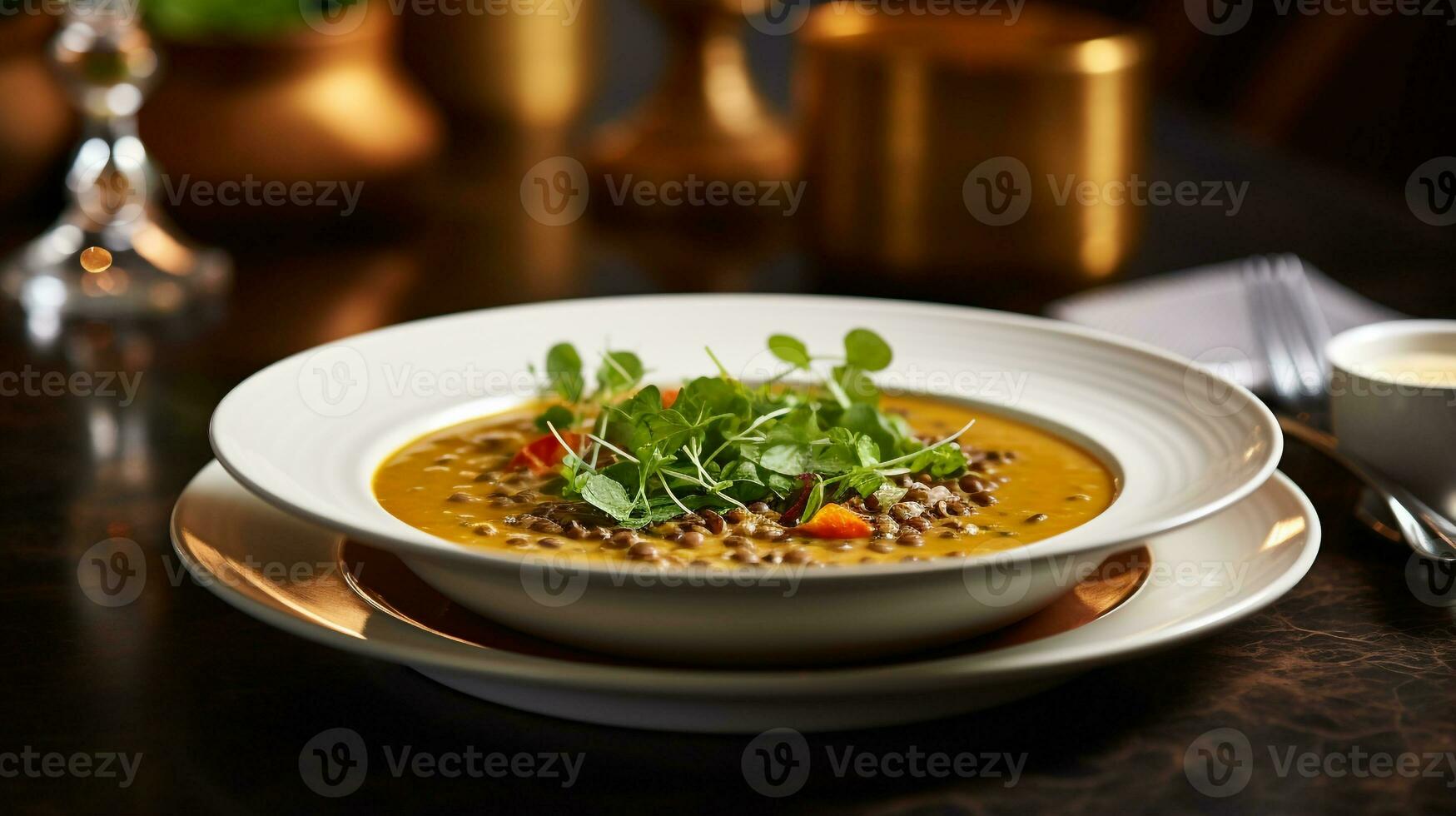 Photo of Lentil Soup as a dish in a high-end restaurant. Generative AI