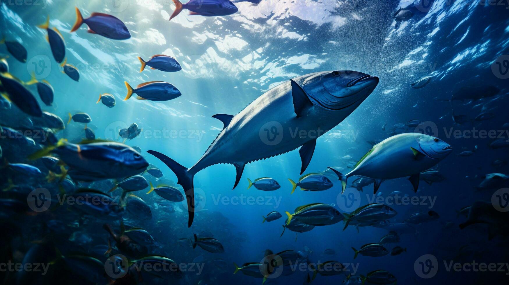 Photo of Yellowfin Tuna with various fish between healthy coral reefs in the blue ocean. Generative AI