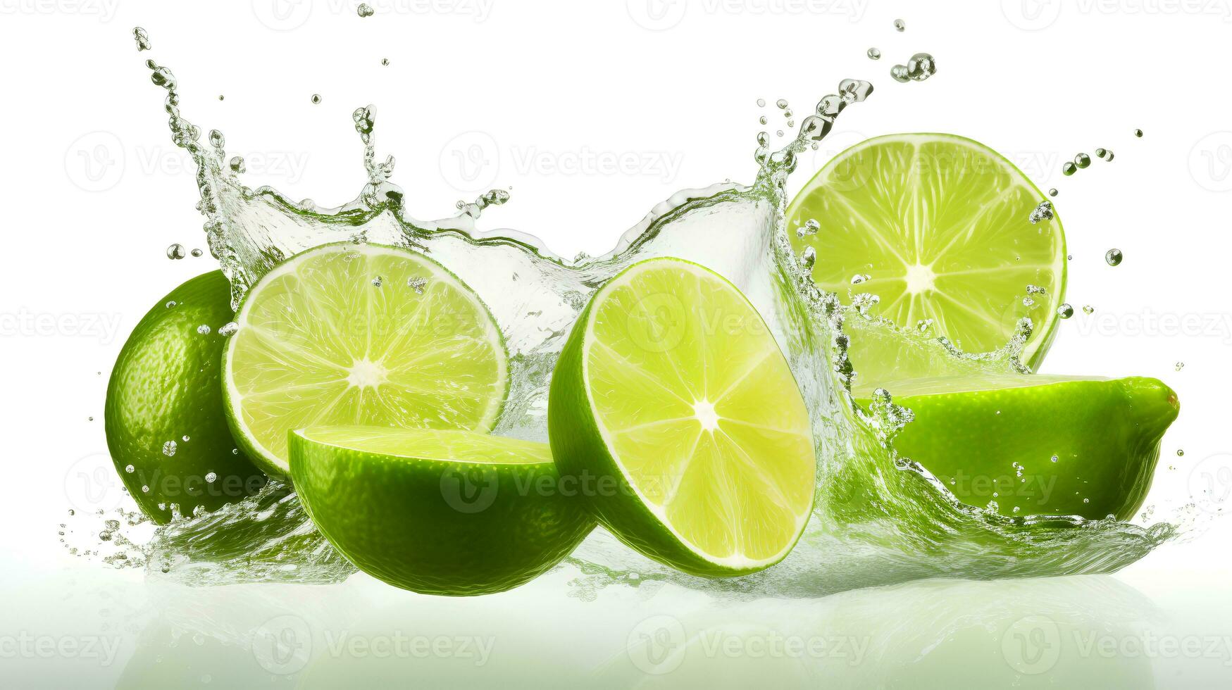 Photo of sliced Lemon with water splashes isolated on white background. generative ai