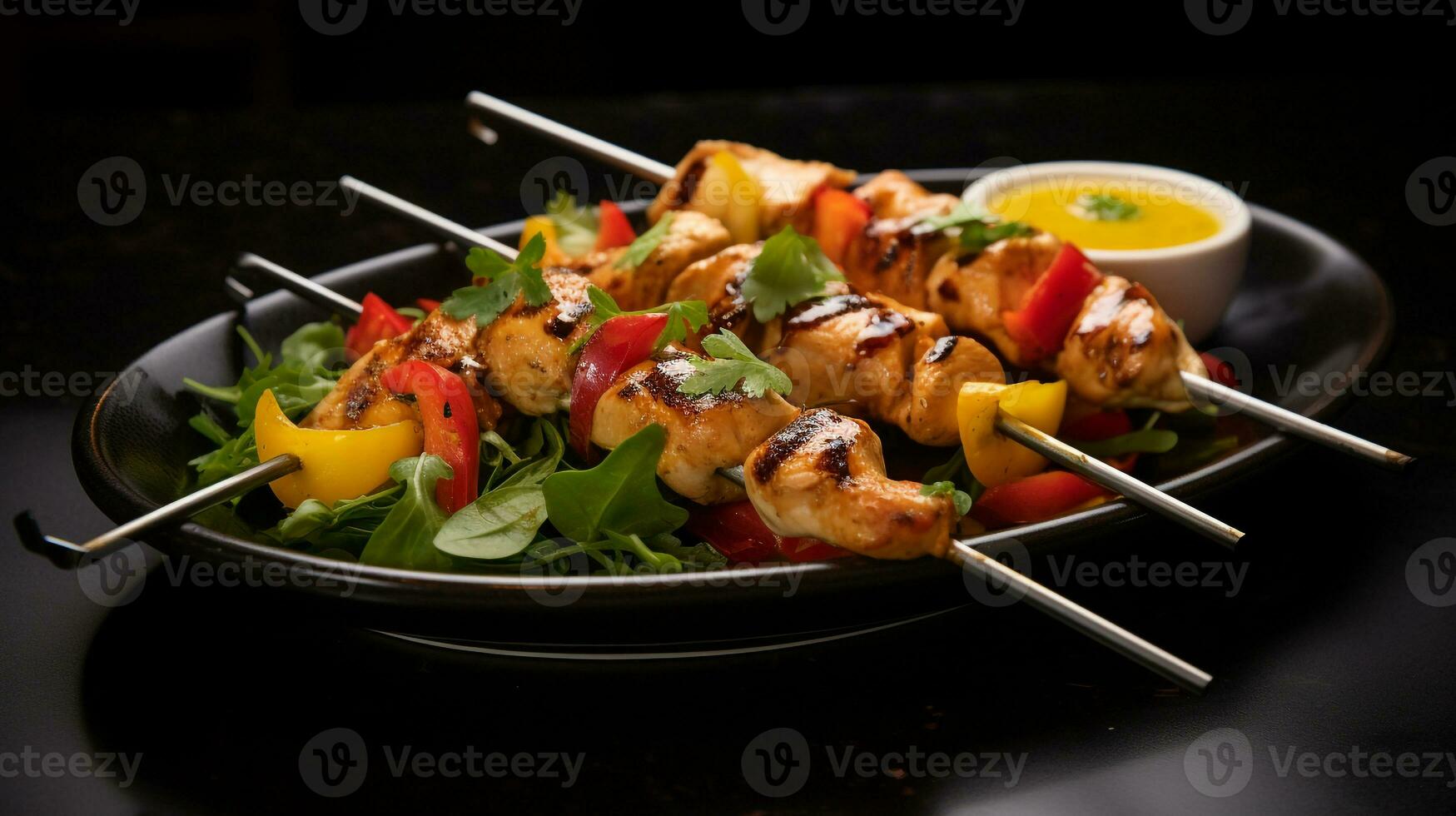 Photo of Chicken Kebabs as a dish in a high-end restaurant. Generative AI