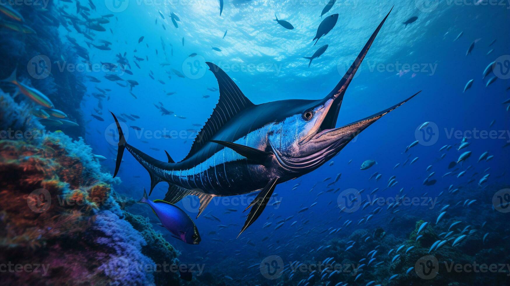 Photo of Swordfish with various fish between healthy coral reefs in the blue ocean. Generative AI