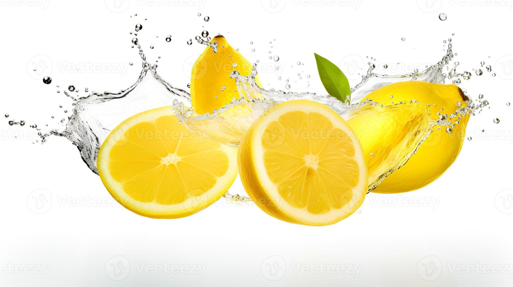 Photo of Fresh Lemon Slices with Water Splashes isolated on white background.