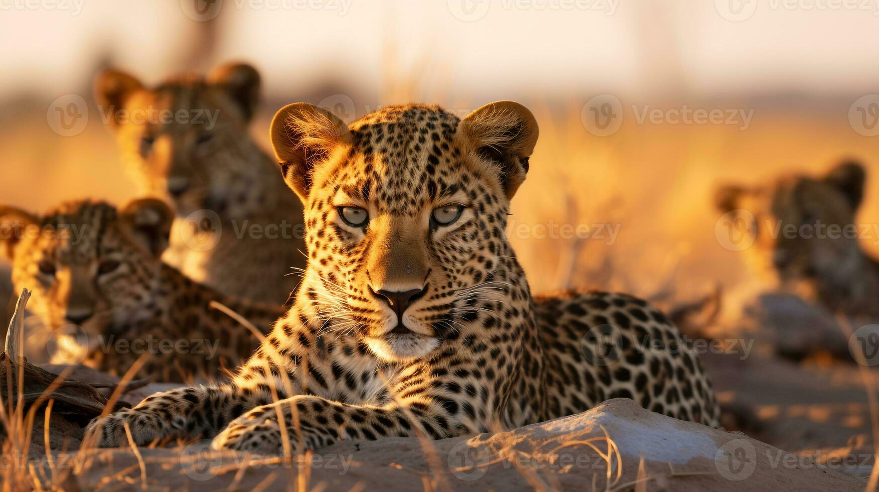 Photo of a herd of African Leopard resting in an open area on the Savanna. Generative AI