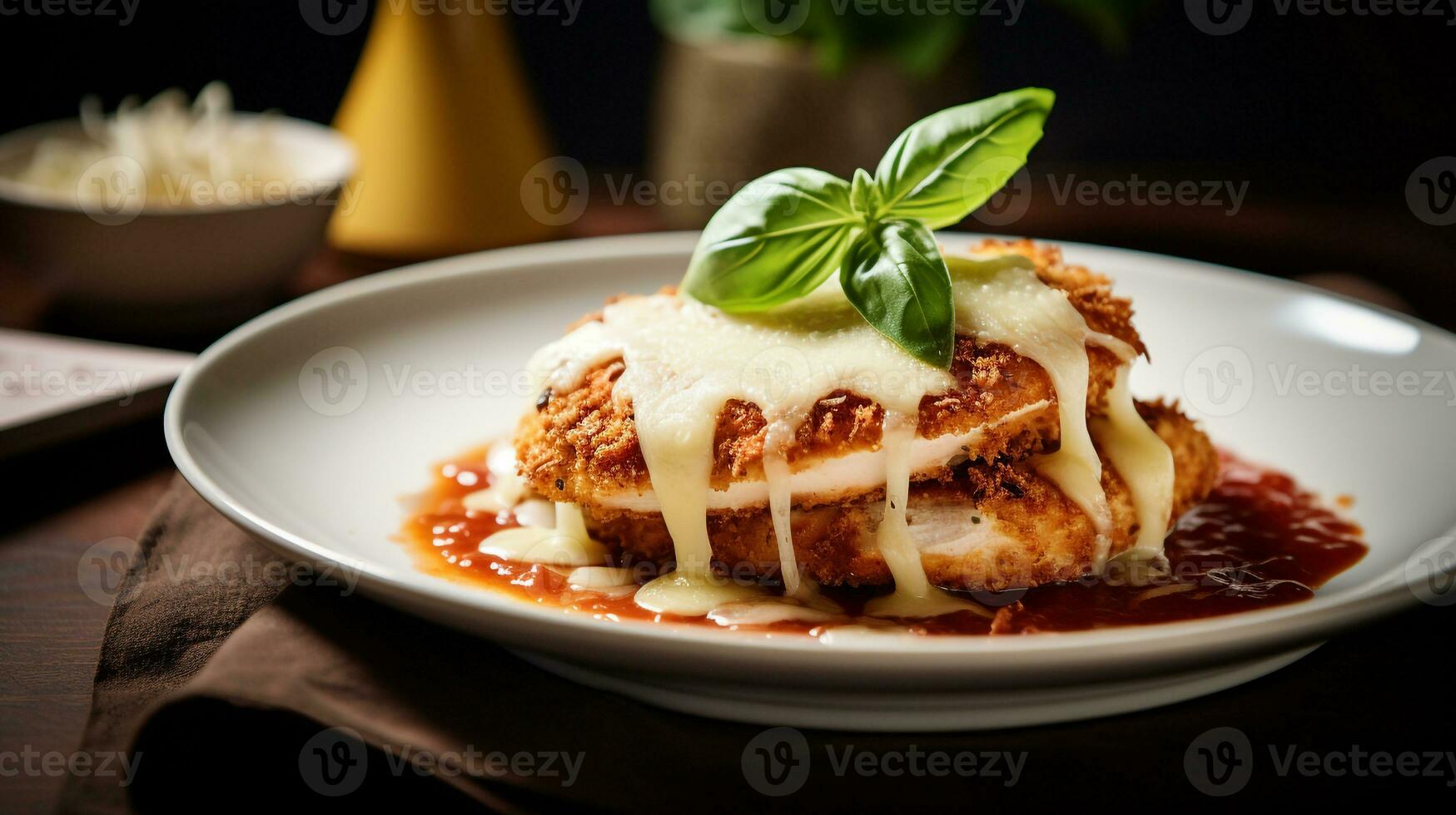 Photo of Chicken Parmesan as a dish in a high-end restaurant. Generative AI