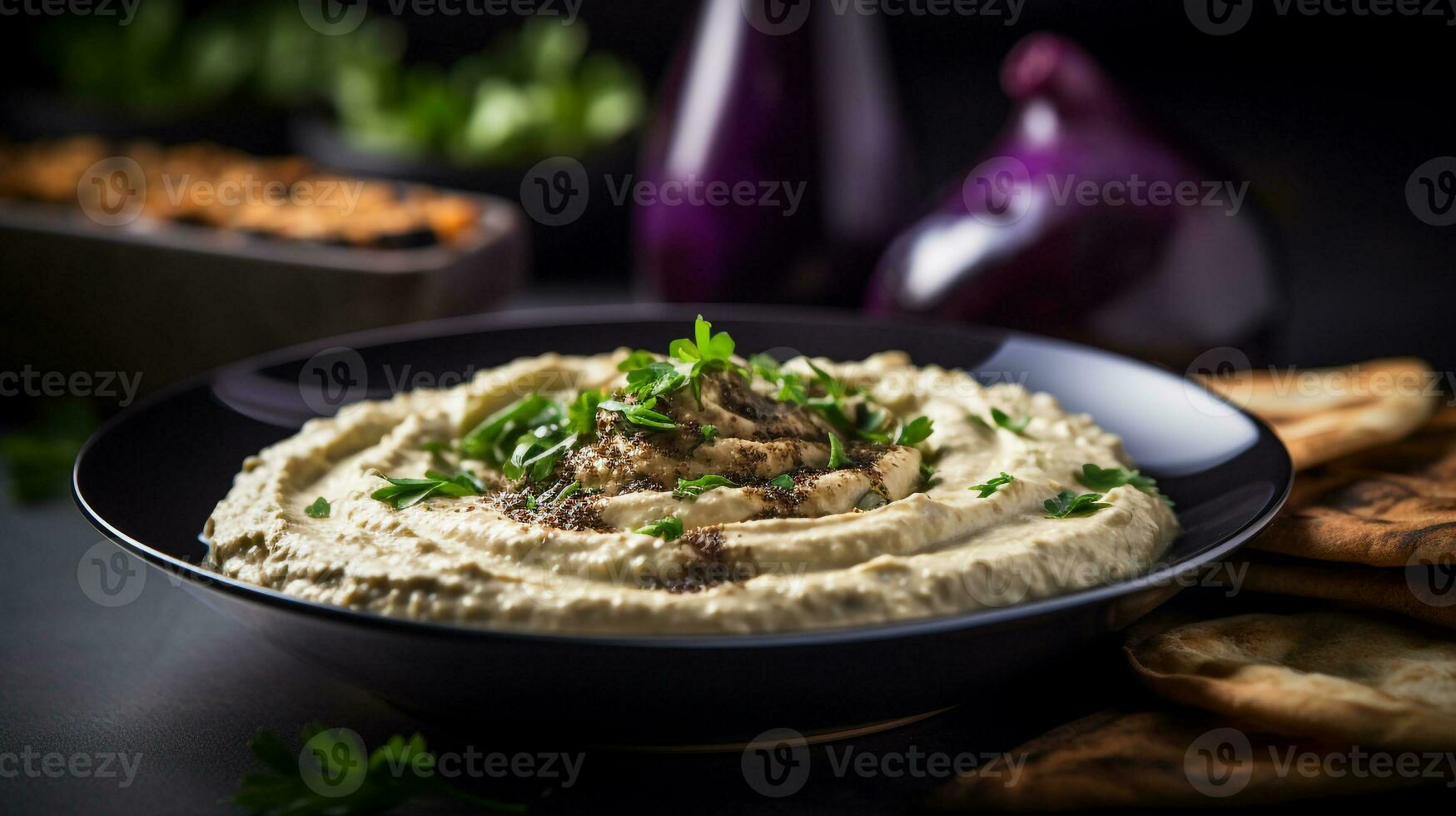 Photo of Moutabal - Eggplant Dip as a dish in a high-end restaurant. Generative AI