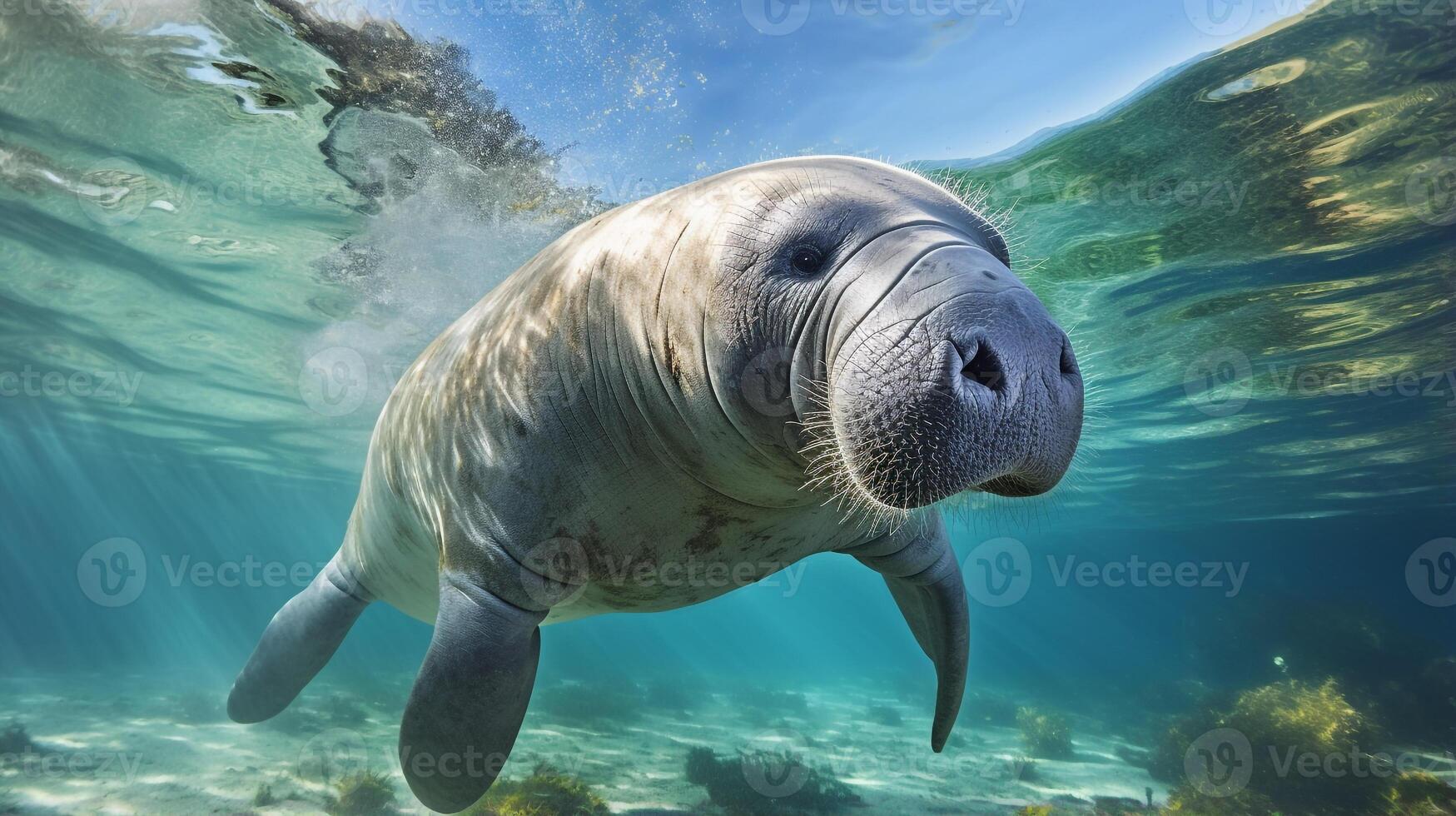 Photo of Manatee in ther forest with blue sky. Generative AI