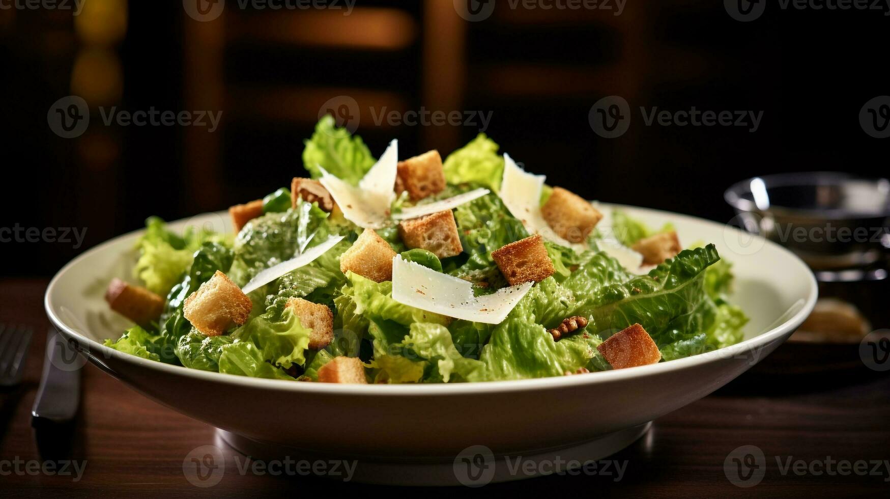 Photo of Caesar Salad as a dish in a high-end restaurant. Generative AI