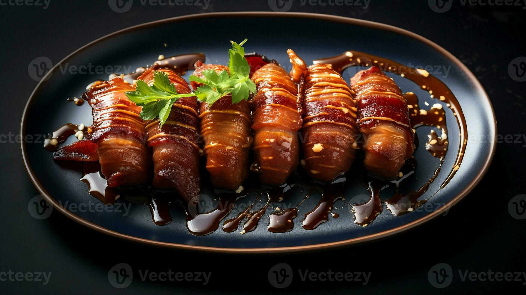 foto de envuelto en tocino fechas como un plato en un gama alta restaurante. generativo ai