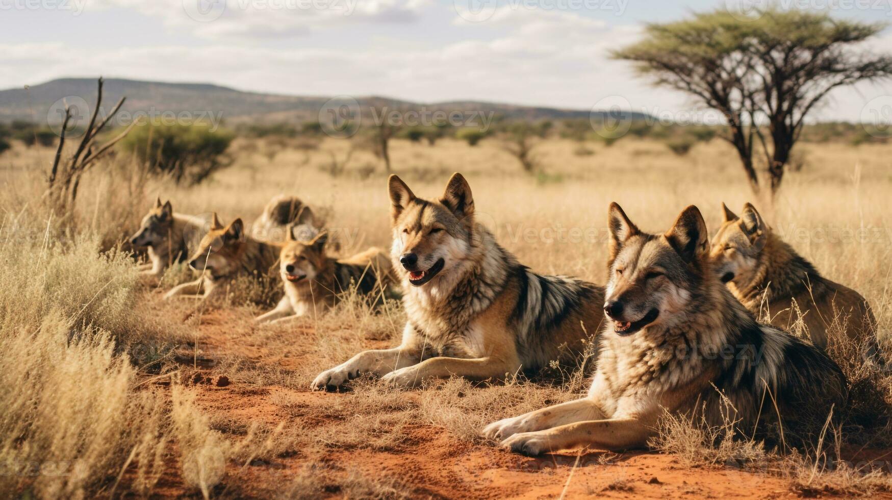 Photo of a herd of Wolf resting in an open area on the Savanna. Generative AI