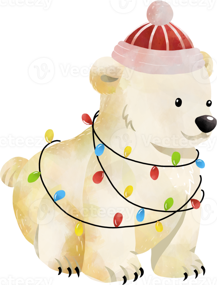 Watercolor Christmas Polar Bear Wearing Santa Hat and Decorate with Colorful Light png