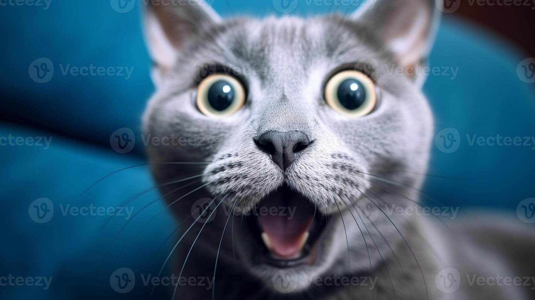 Close-up Photo of a funny shocked Russian Blue sticking out his tongue. Generative AI