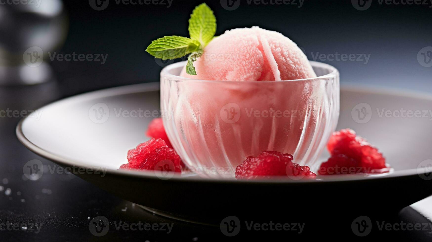 Photo of Lychee Sorbet as a dish in a high-end restaurant. Generative AI