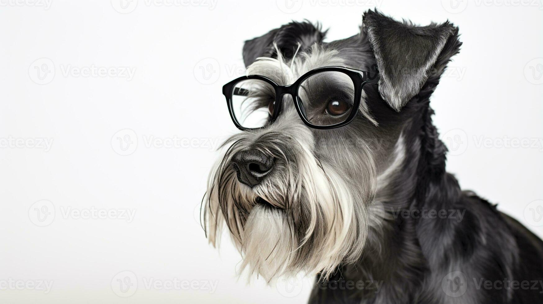 Photo of a Miniature Schnauzer dog using eyeglasses isolated on white background. Generative AI