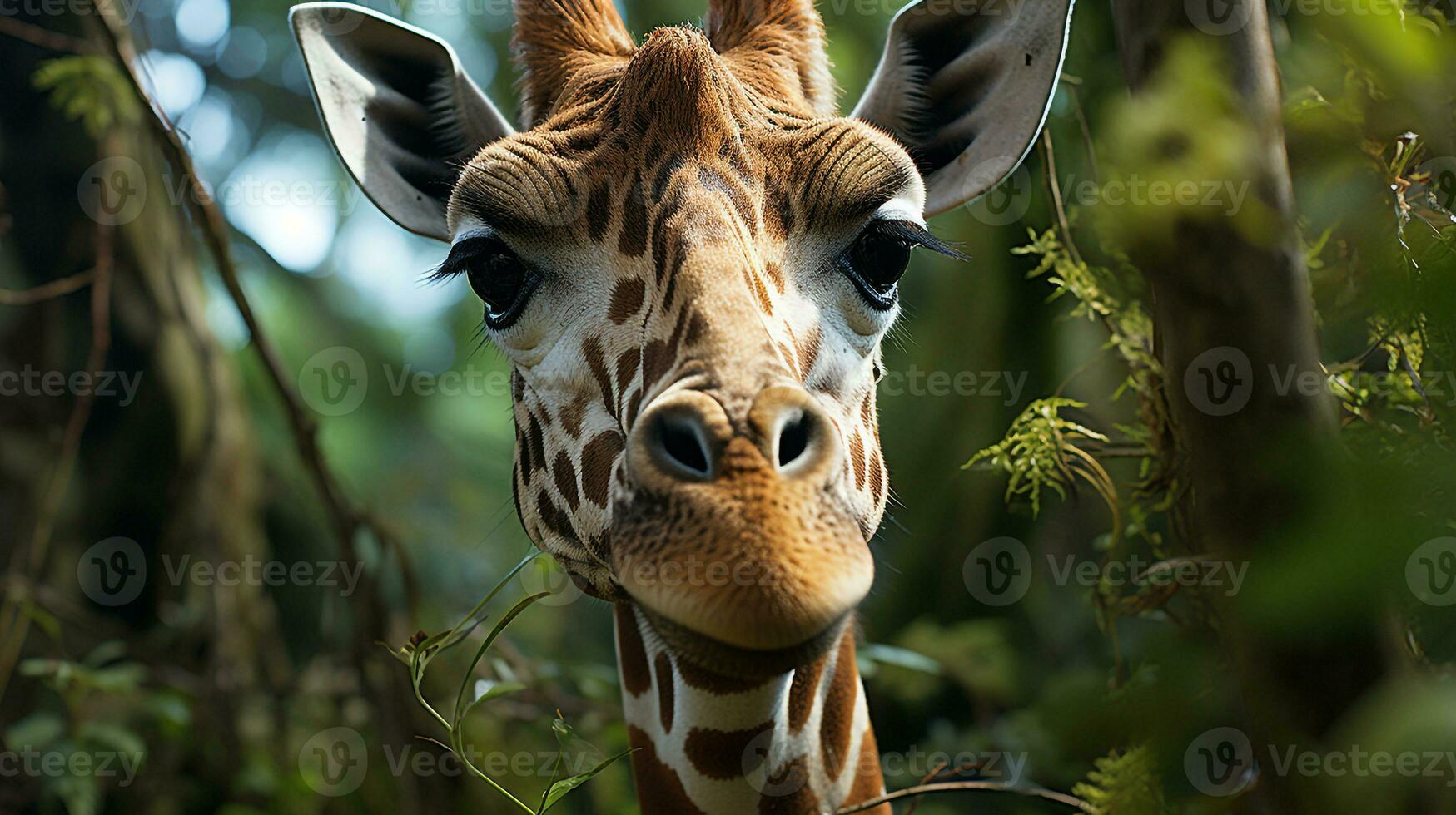 de cerca foto de un jirafa mirando ninguna dirección en selva. generativo ai