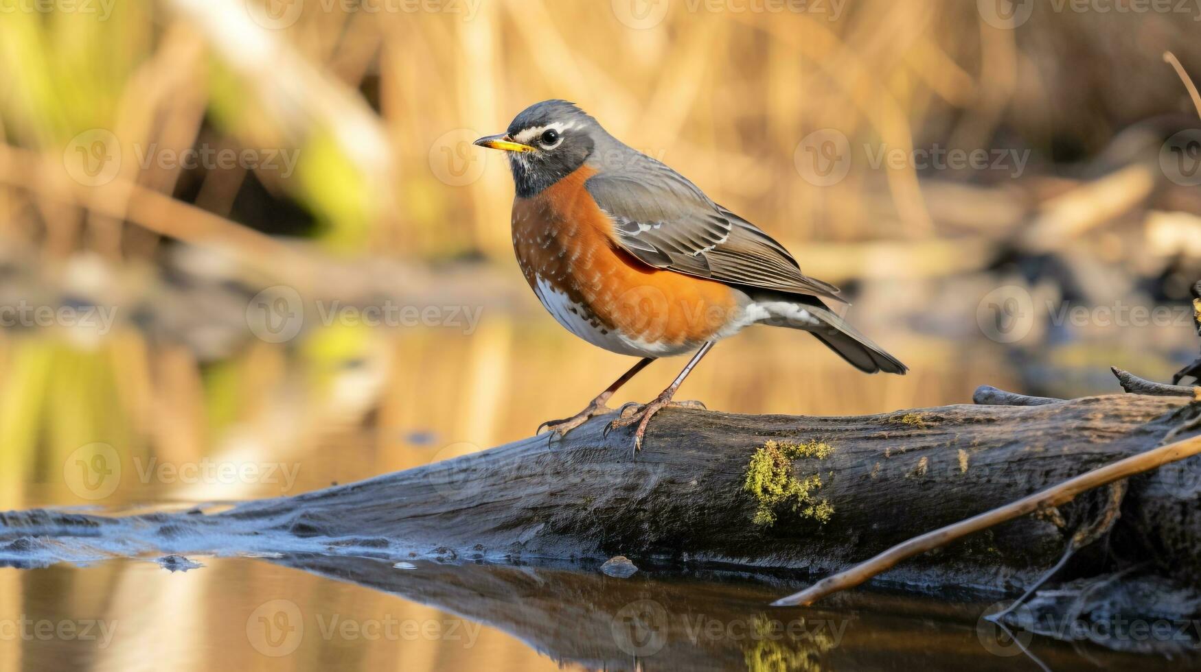 Photo of a American Robin standing on a fallen tree branch at morning