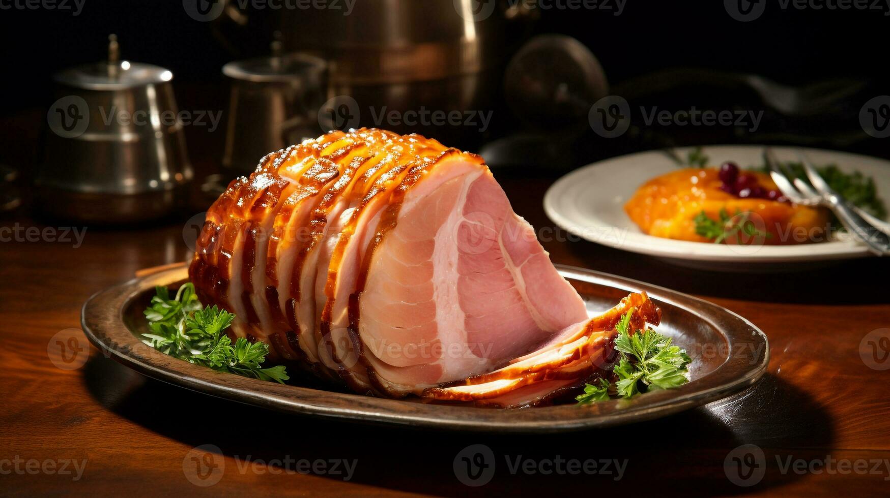 foto de horneado jamón como un plato en un gama alta restaurante. generativo ai