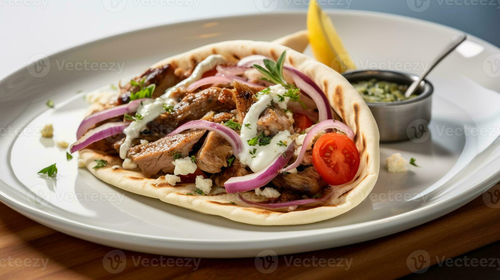 Photo of Greek Gyro as a dish in a high-end restaurant. Generative AI