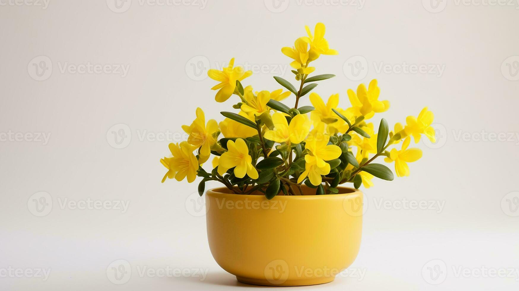 Photo of Winter Jasmine flower in pot isolated on white background. Generative AI