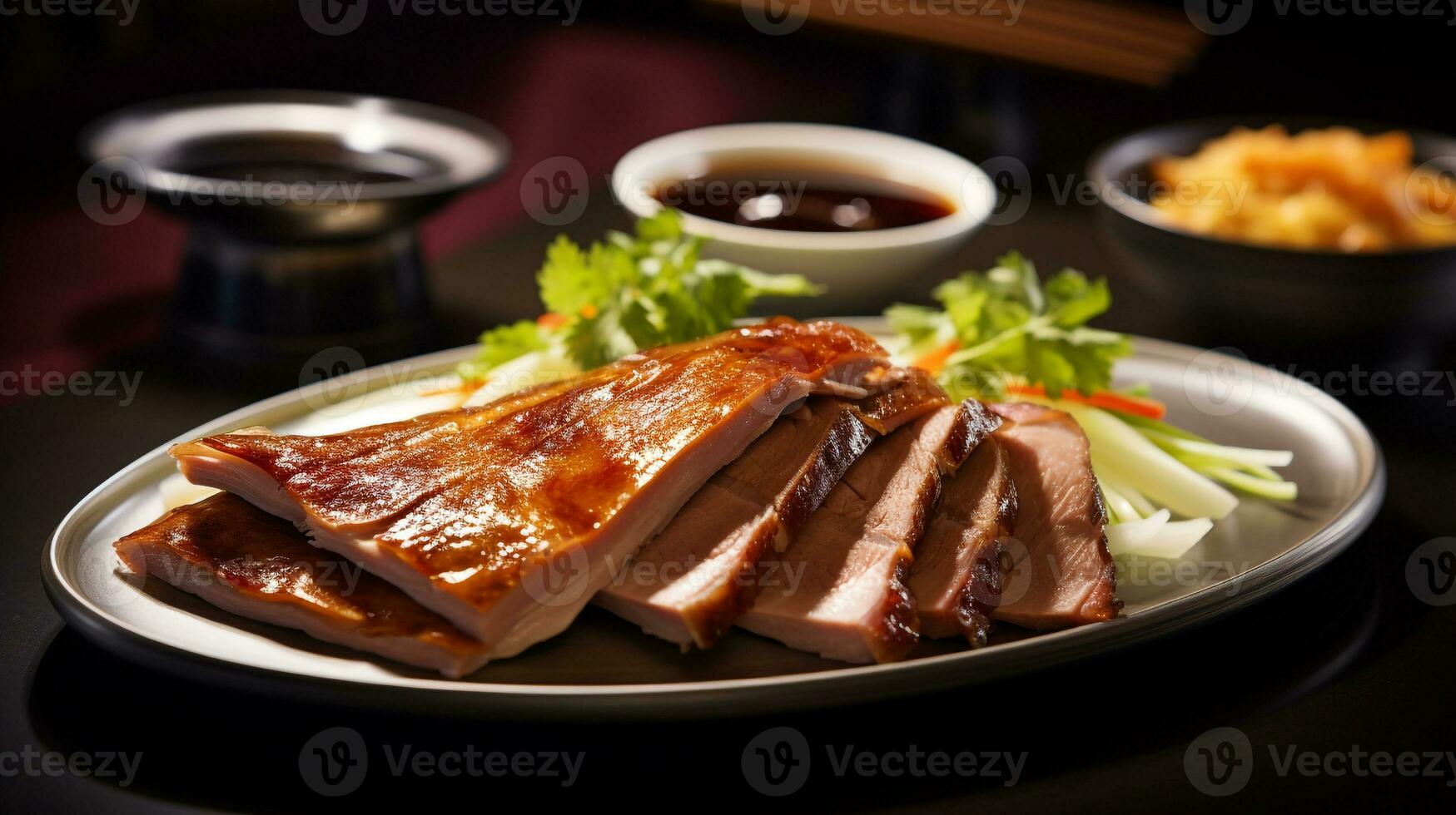 Photo of Peking Duck as a dish in a high-end restaurant. Generative AI