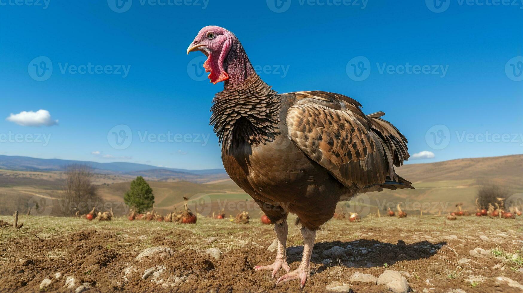 Photo of a Turkey in the Farmland. Generative AI