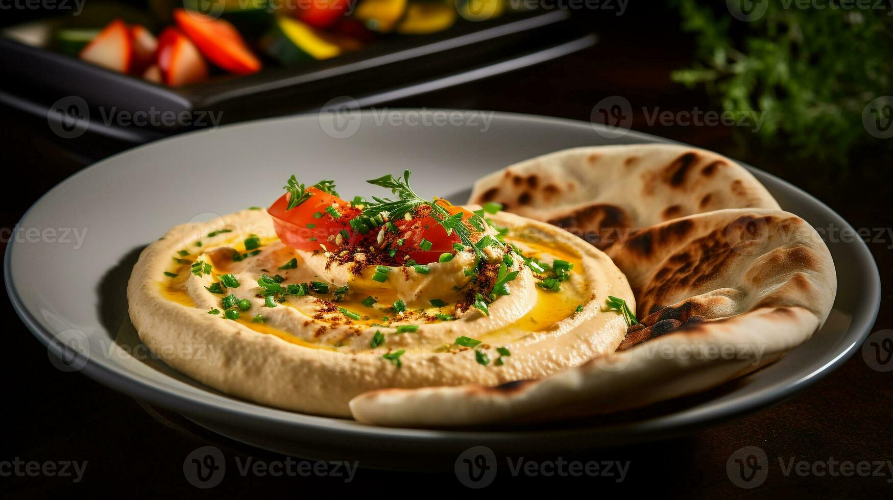 Photo of Pita and Hummus as a dish in a high-end restaurant. Generative AI