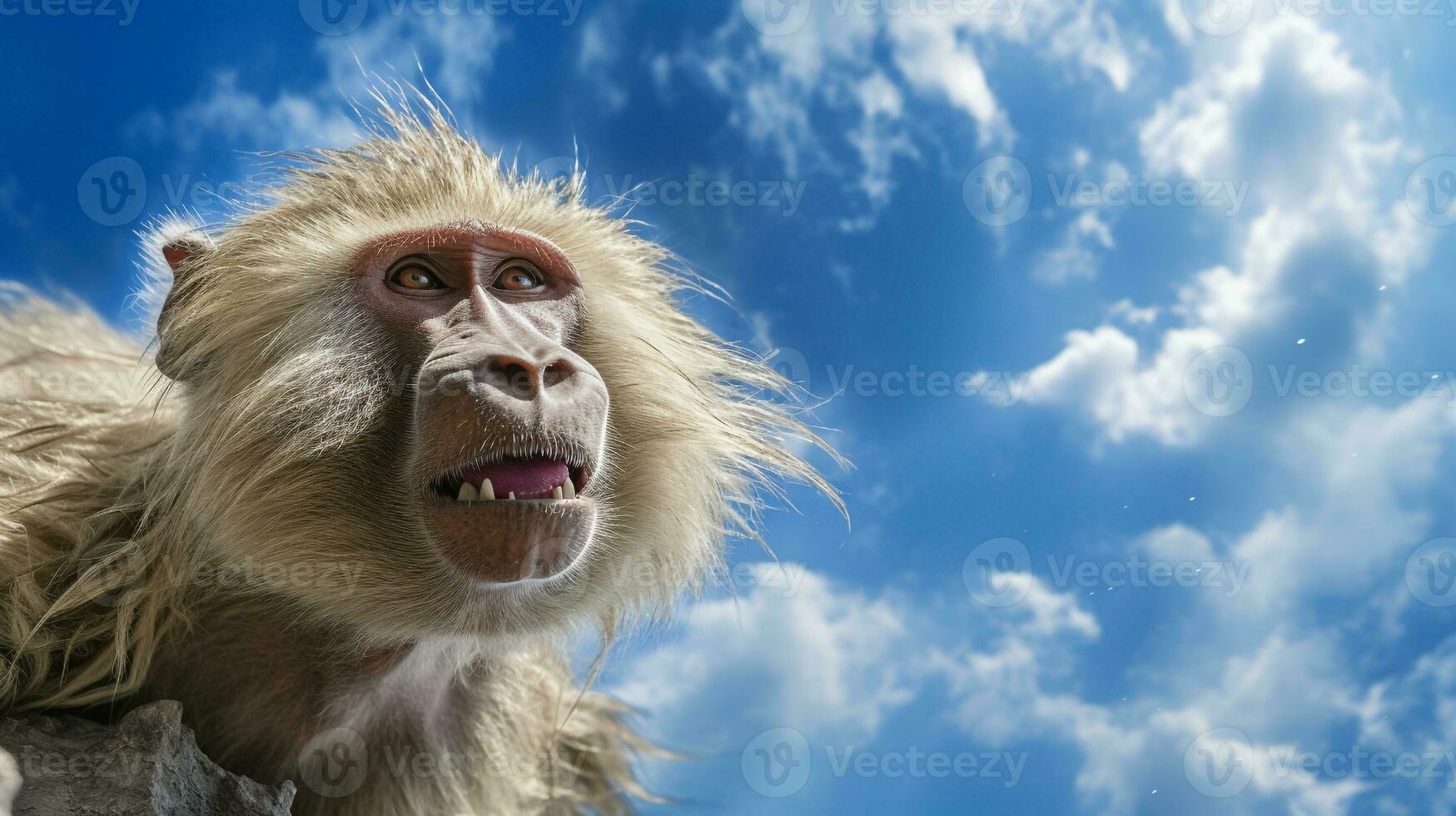 Photo of a Baboon under Blue Sky. Generative AI