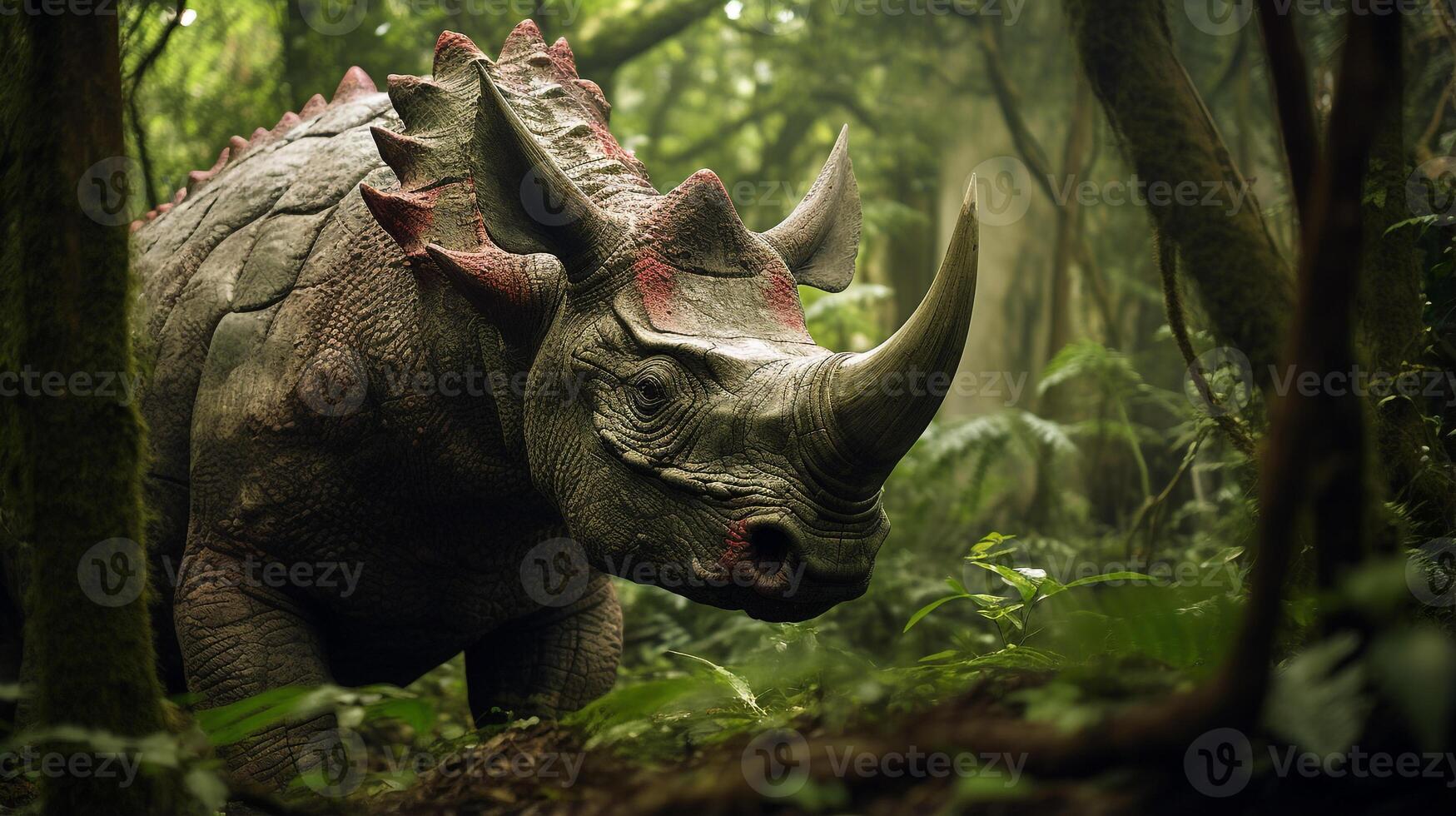 Photo of Triceratops Rex in the Jungle. Generative AI