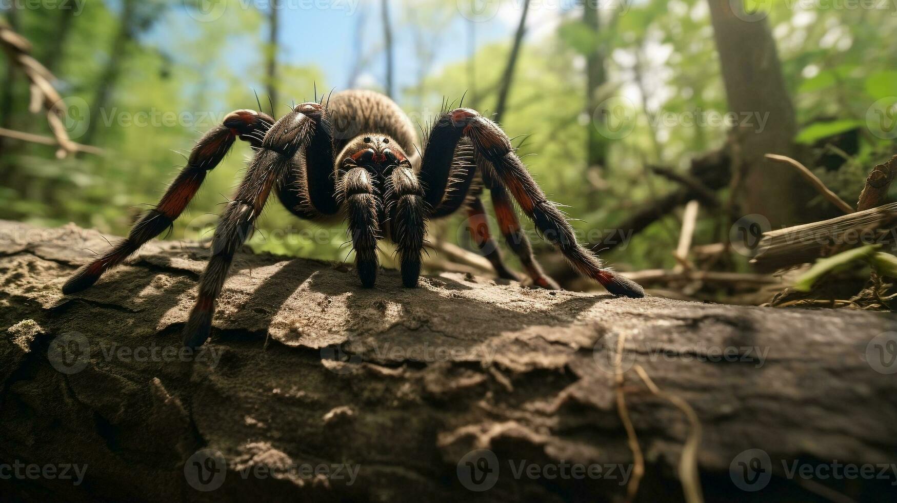 Photo of Tarantula in ther forest with blue sky. Generative AI