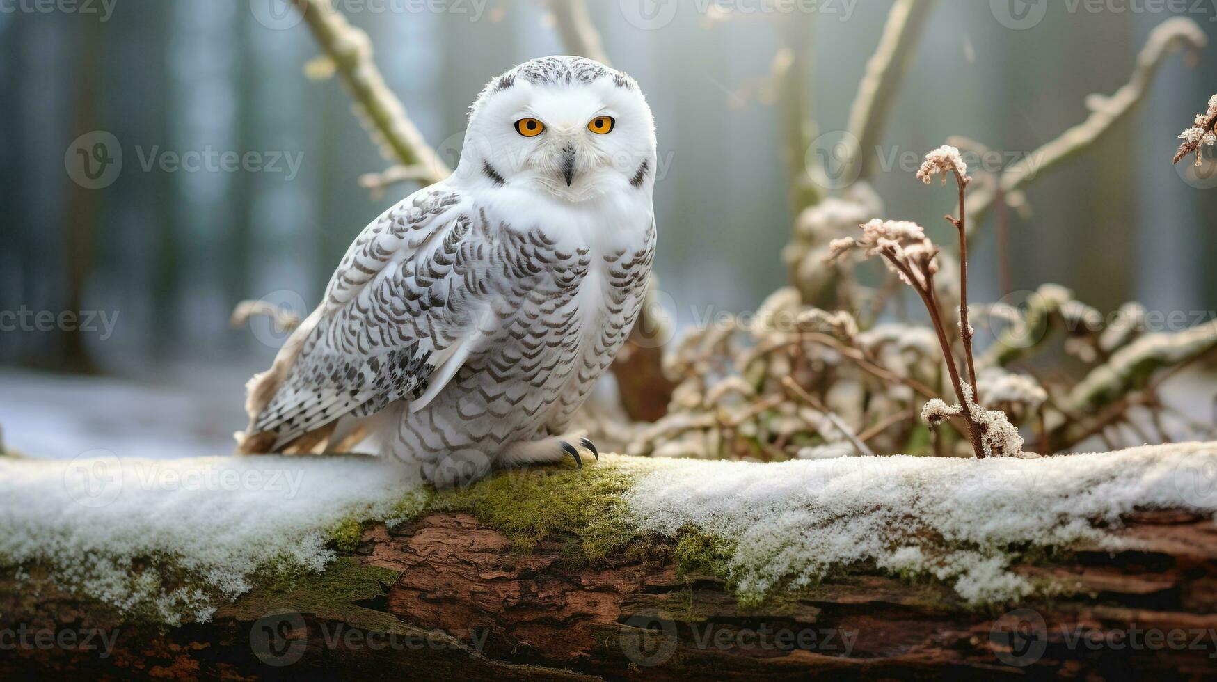 Photo of a Snowy Owl standing on a fallen tree branch at morning. Generative AI