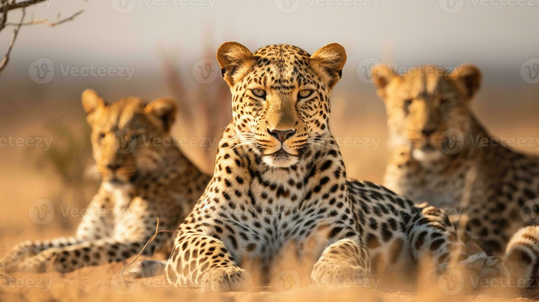 Photo of a herd of African Leopard resting in an open area on the Savanna. Generative AI