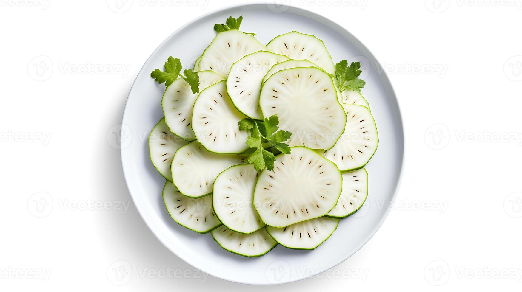 Photo of Kohlrabi slices on a plate isolated on white background.