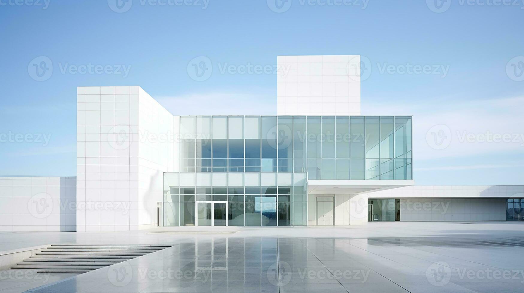 moderno arquitectura, blanco edificio con azul cielo antecedentes. 3d prestar. generativo ai foto