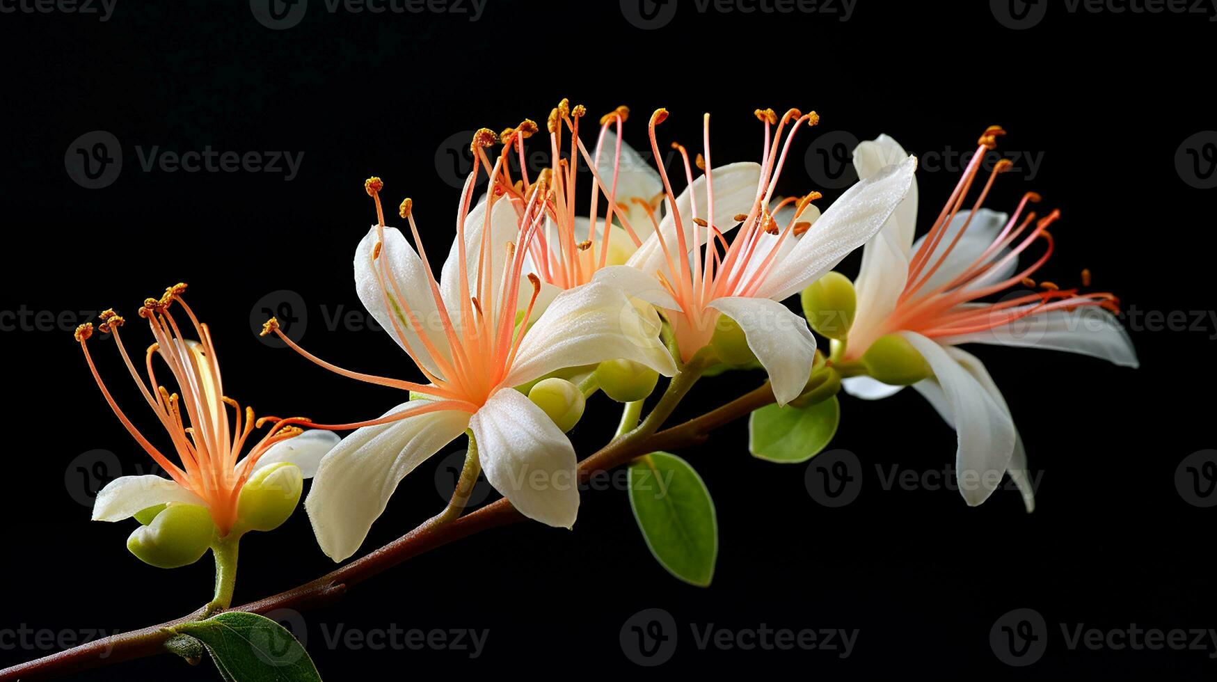 Photo of beautiful Honeysuckle flower isolated on white background. Generative AI