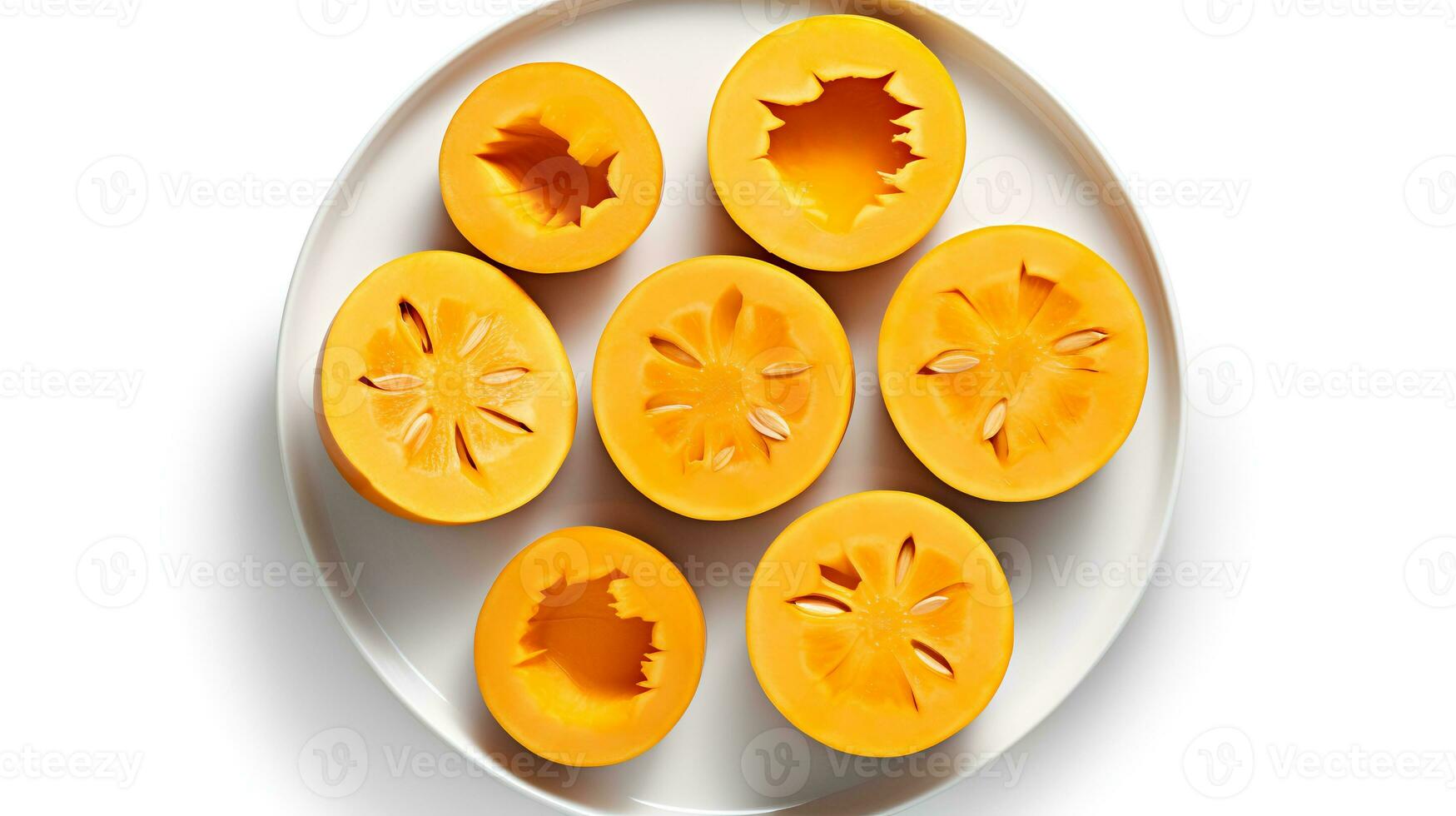 Photo of Pumpkins sliced pieces on minimalist isolated on white background. generative ai