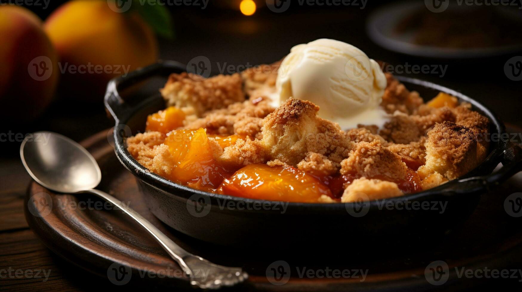 Photo of Peach Cobbler as a dish in a high-end restaurant. Generative AI