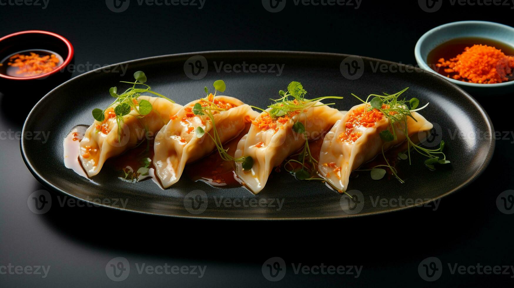 Photo of Gyoza as a dish in a high-end restaurant. Generative AI