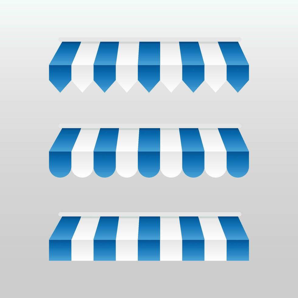 Blue and white sunshade. Outdoor awnings for cafe and shop window vector set. Tent sunshade for market, stripe summer scallop for store illustration